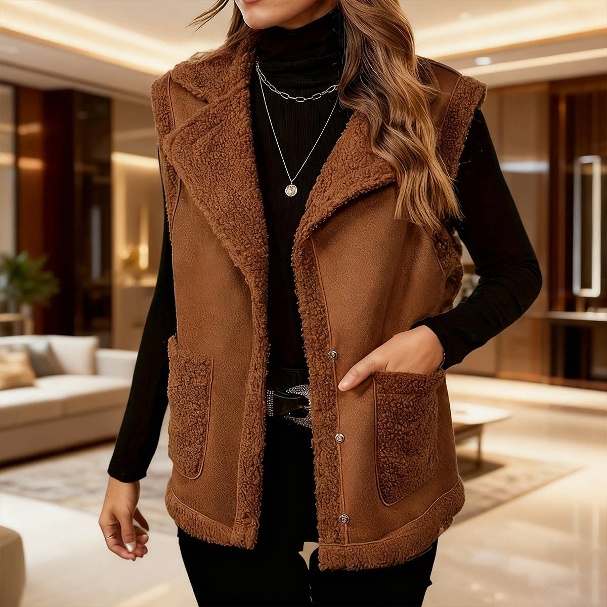 Lily Clothing - Wholesale Outerwear Vest - Women's - Corduroy collar and suede vest jacket0