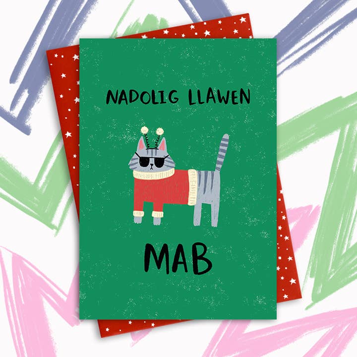 Cartão Galês - Nadolig Llawen Mab (Feliz Natal Filho) Gato fixe por atacado de Dandelion Stationery