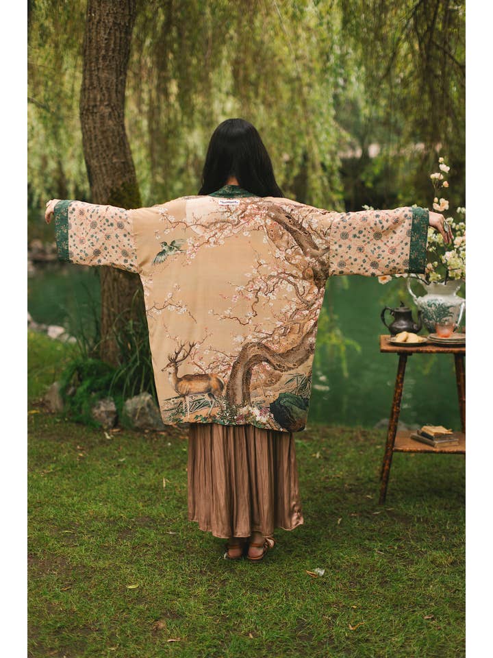 Market of Stars (USA) - Wholesale Kimono - Women's - Fable Matinée Duster Kimono w/ Deer and Moon, mid-length3