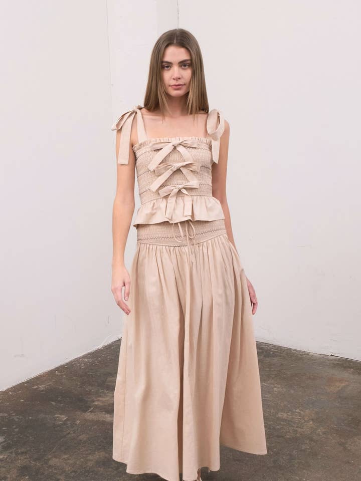 SMOCKED BOW DETAIL TIE STRAP TOP for wholesale by Moon River