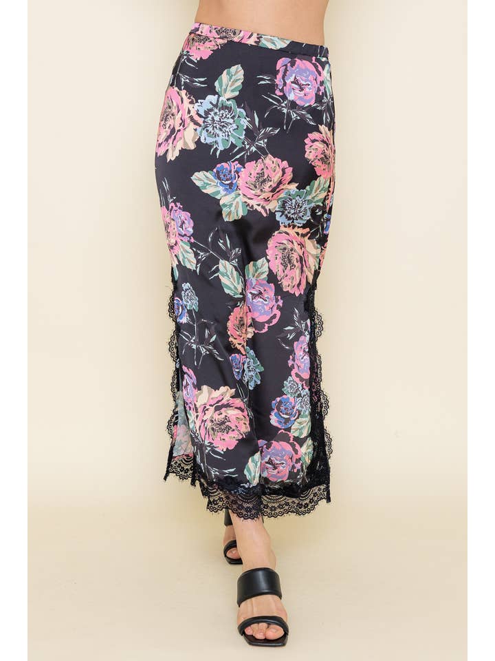 BLACK MULTI CHIC HIGH WAISTED FLORAL LACE SIDE SLIT MAXI SKIRT-SC4217FO for wholesale on Faire