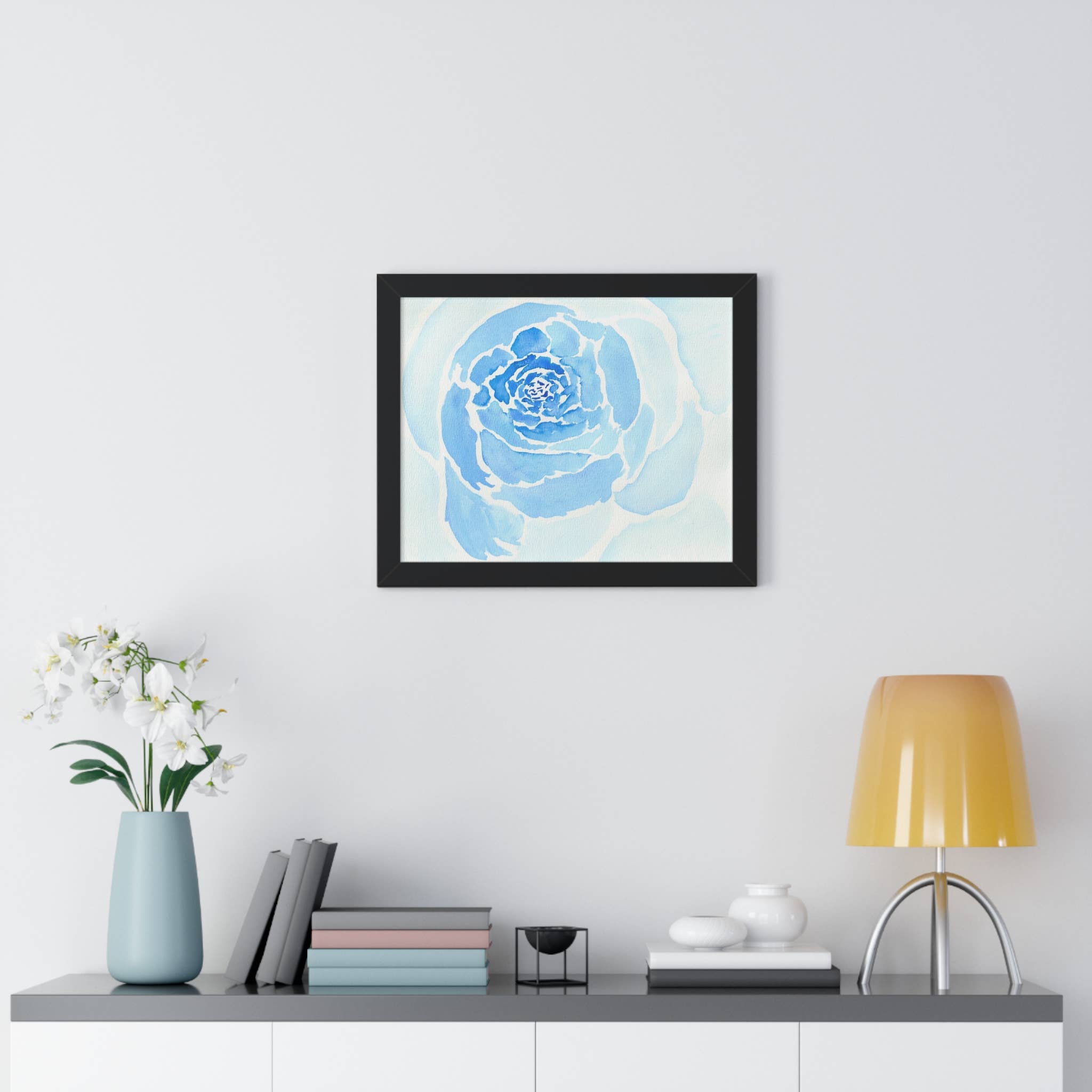 Oceane's Echo – wholesale Art print – Bold Blue Watercolor Rose - Framed Horizontal Poster8