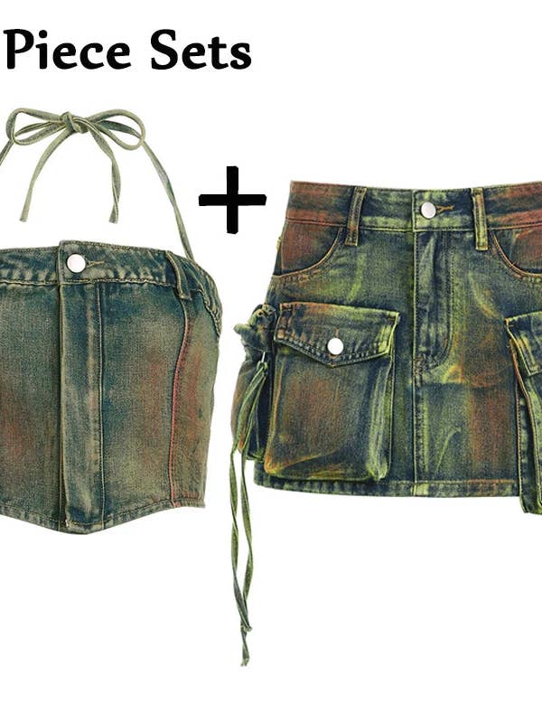 Denim Mini Skirt Set With 3d Pocket for wholesale by Sun Imperial