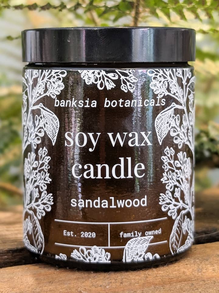 Sandalwood Scented Candle - 100% Vegan Soy Wax for wholesale by Banksia Botanicals