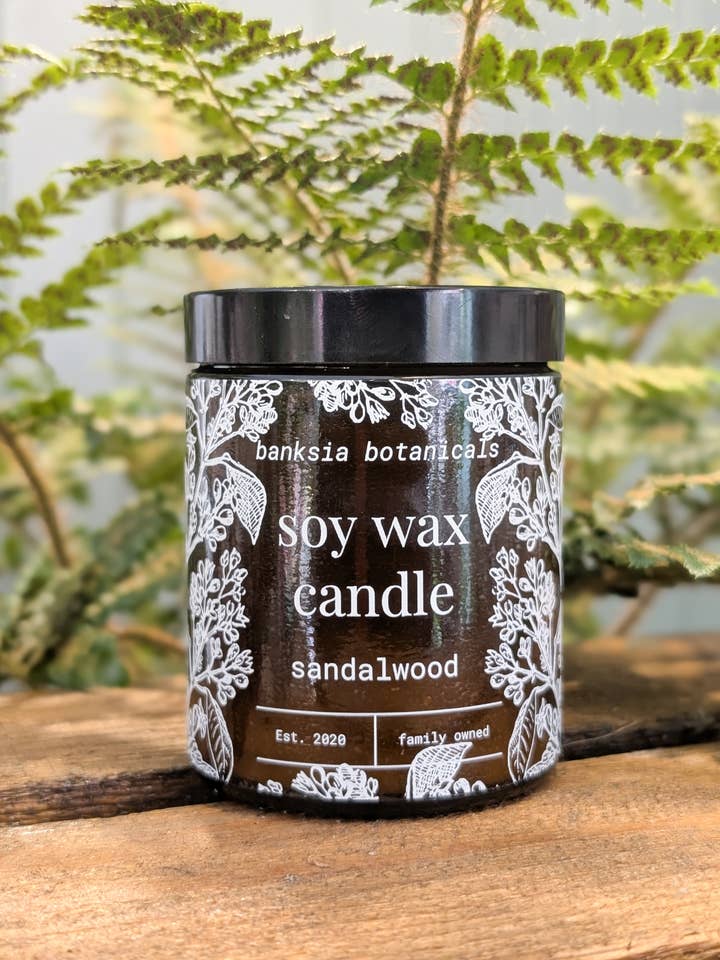 Sandalwood Scented Candle - 100% Vegan Soy Wax for wholesale by Banksia Botanicals