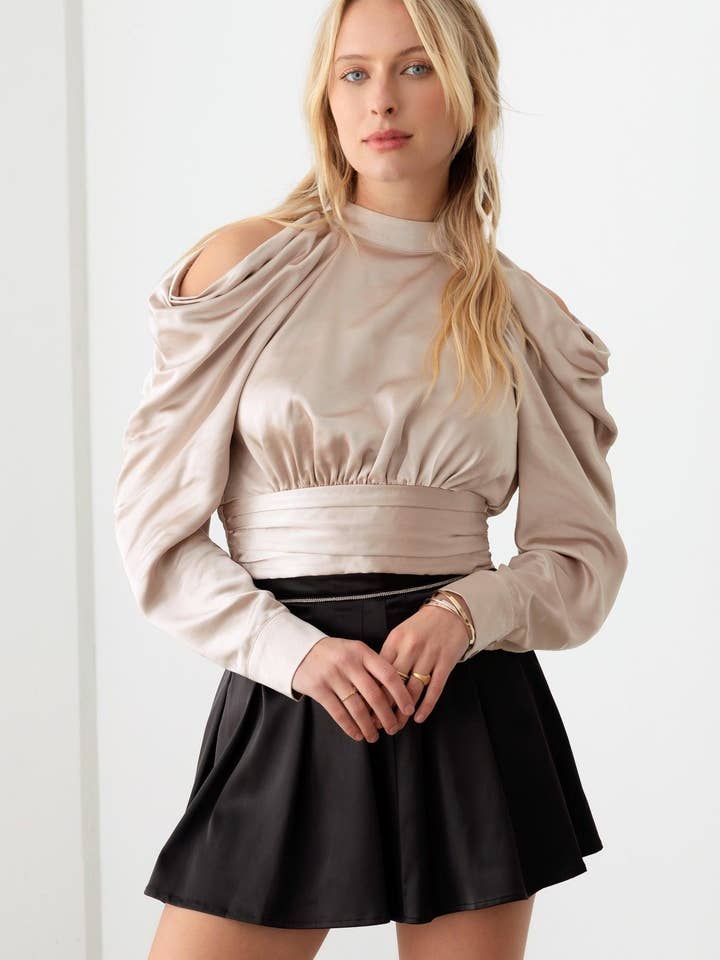 Satin Drape Sleeve Crop Cold Shoulder Top for wholesale by Tasha Apparel Wholesale