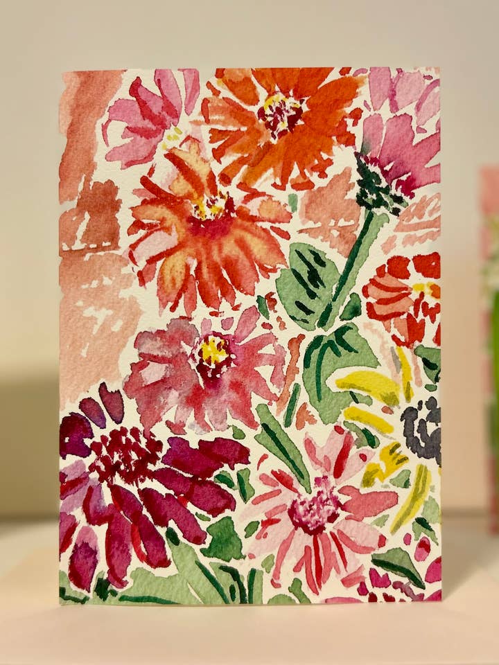 Colorful Zinnia Watercolor Greeting Card (5x7") for wholesale by Catherine Davis Studio