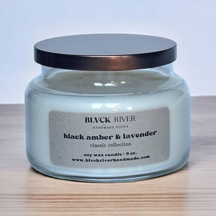 Amber & Lavender 9 oz Soy Candle - Clear Apothecary Jar for wholesale by Black River Handmade Goods