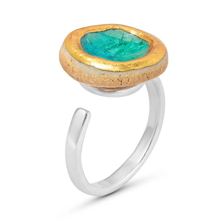 Anillo ajustable pequeño redondo con forma de laguna de turquesa esmeralda para venta al por mayor de Habulous