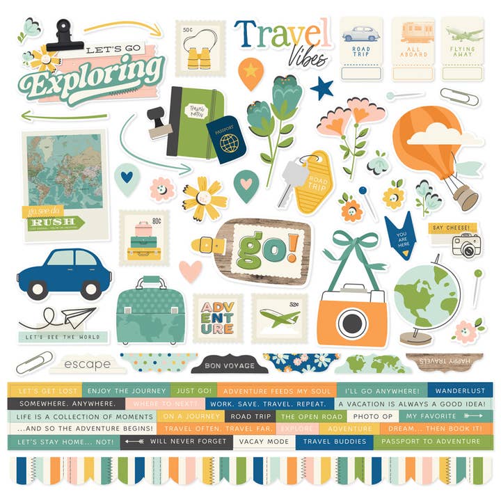 Happy Travels Cardstock Stickers 12x12 Sheet, 77 pcs for wholesale by Simple Stories
