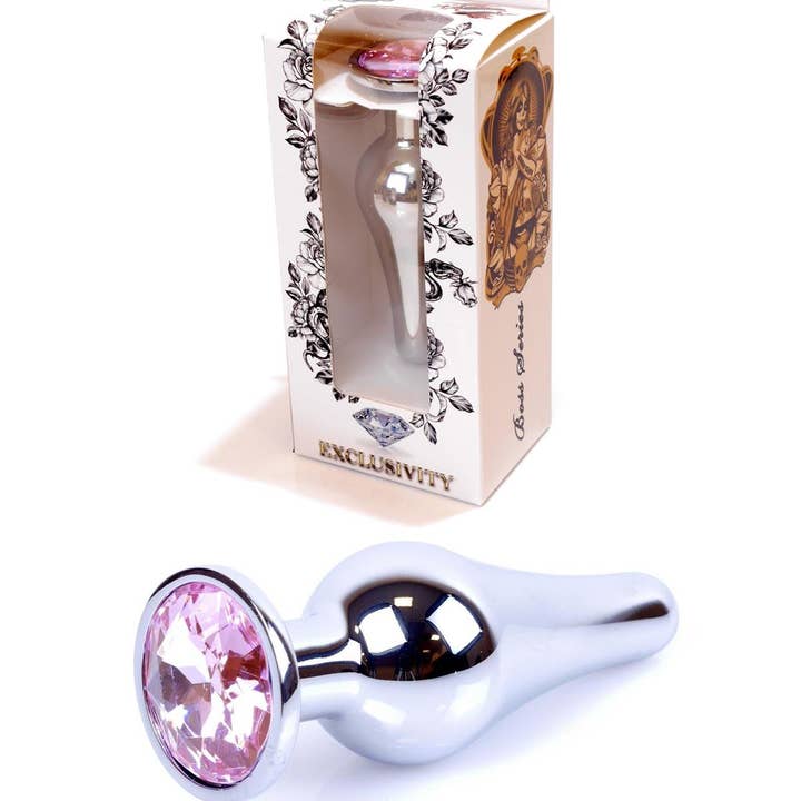 Kinky Pleasure – Brinquedo sexual por atacado – Bossoftoys - 64-00072 - Grande Plug Anal Prateado - plug anal com pedra rosa - comprimento 9 cm - diâmetro 2,9 cm - caixa com janela de cor9