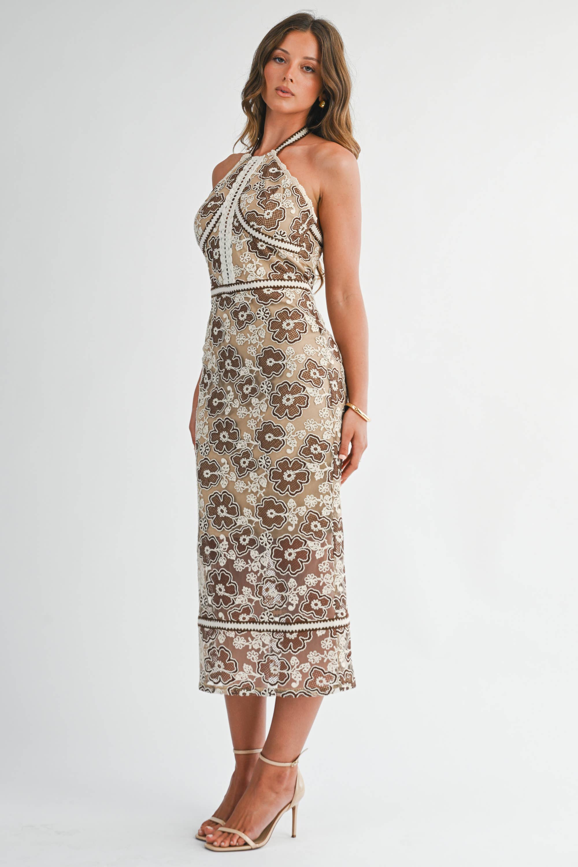 BRWON IVORY BD5081 Embroidered Halter Neck Midi Dress for wholesale on Faire7