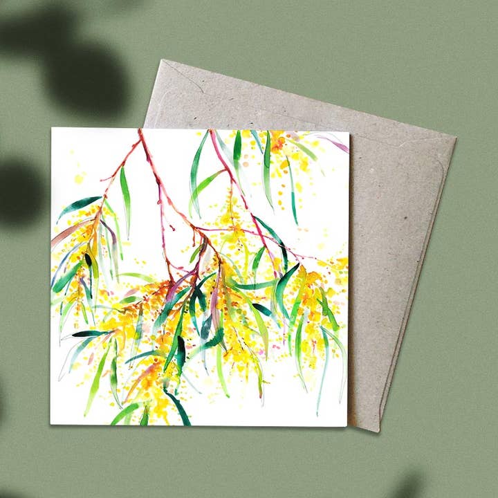 'Roadside Wattle' Greeting Card for wholesale by Natalie Martin | Australian Watercolour Artist