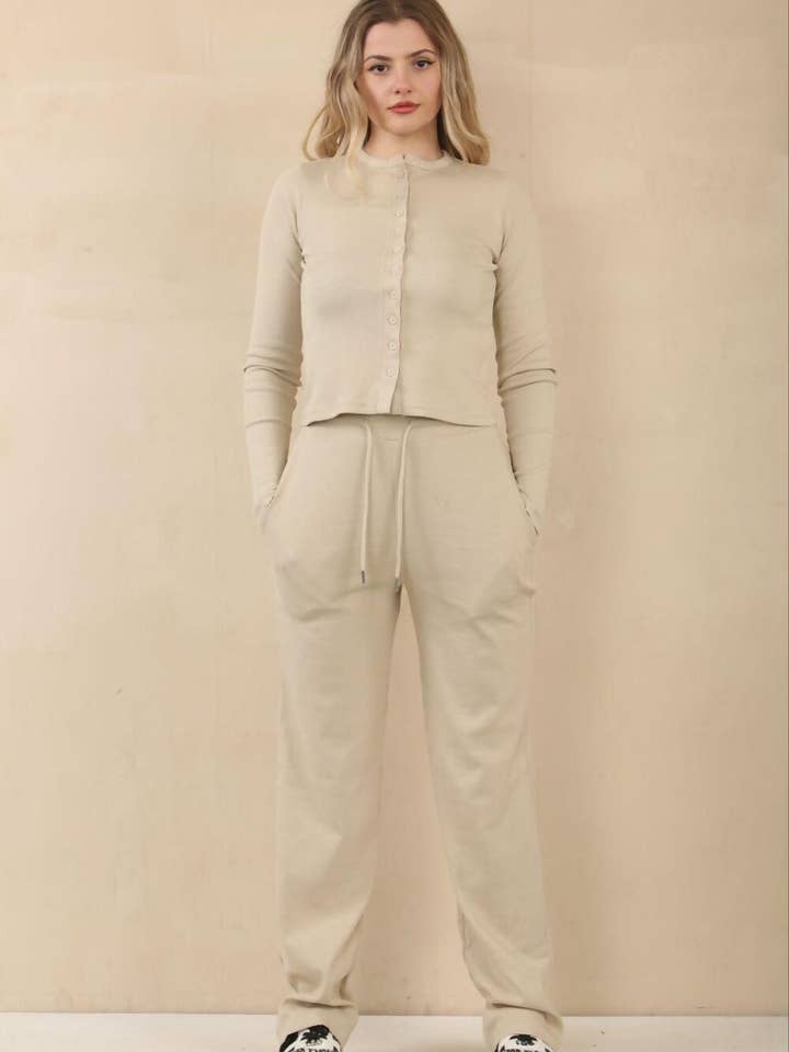 justyouroutfit - Wholesale Lounge Set - Women's - Ribbed Molly Button Through Top and Wide Leg Trousers1