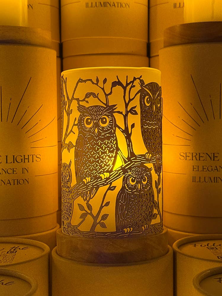 Serene Lights – wholesale Candle holder – Forest Friends Owl Decorative Candle Holder – Laser Etched, Handmade Wood Veneer, Rechargeable LED Candle