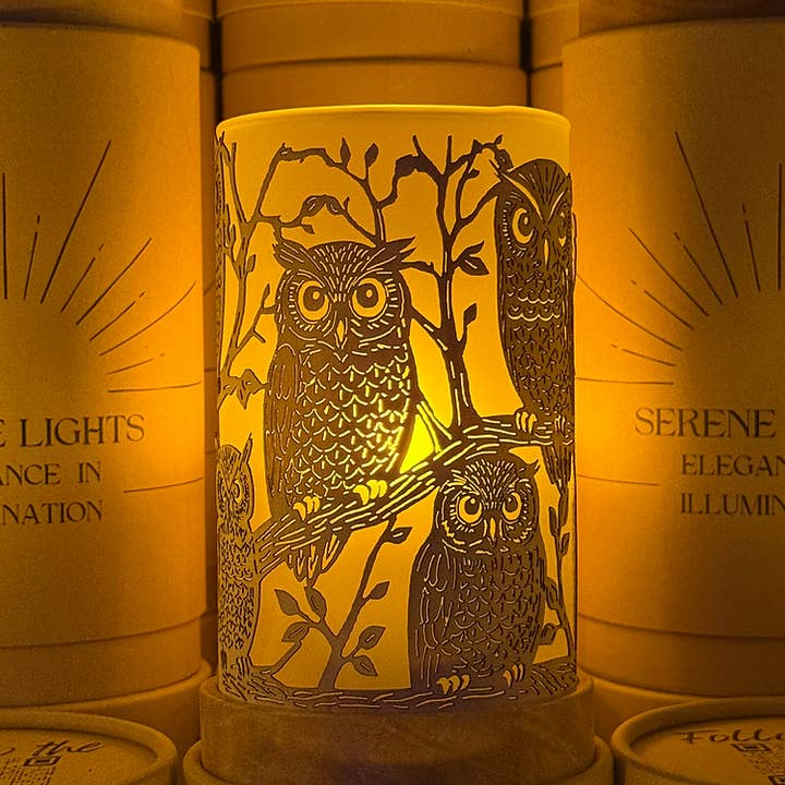 Forest Friends Owl Decorative Candle Holder – Laser Etched, Handmade Wood Veneer, Rechargeable LED Candle and other Purchase wholesale wooden led light base. Free returns & net 60 terms on Faire trending on Faire.