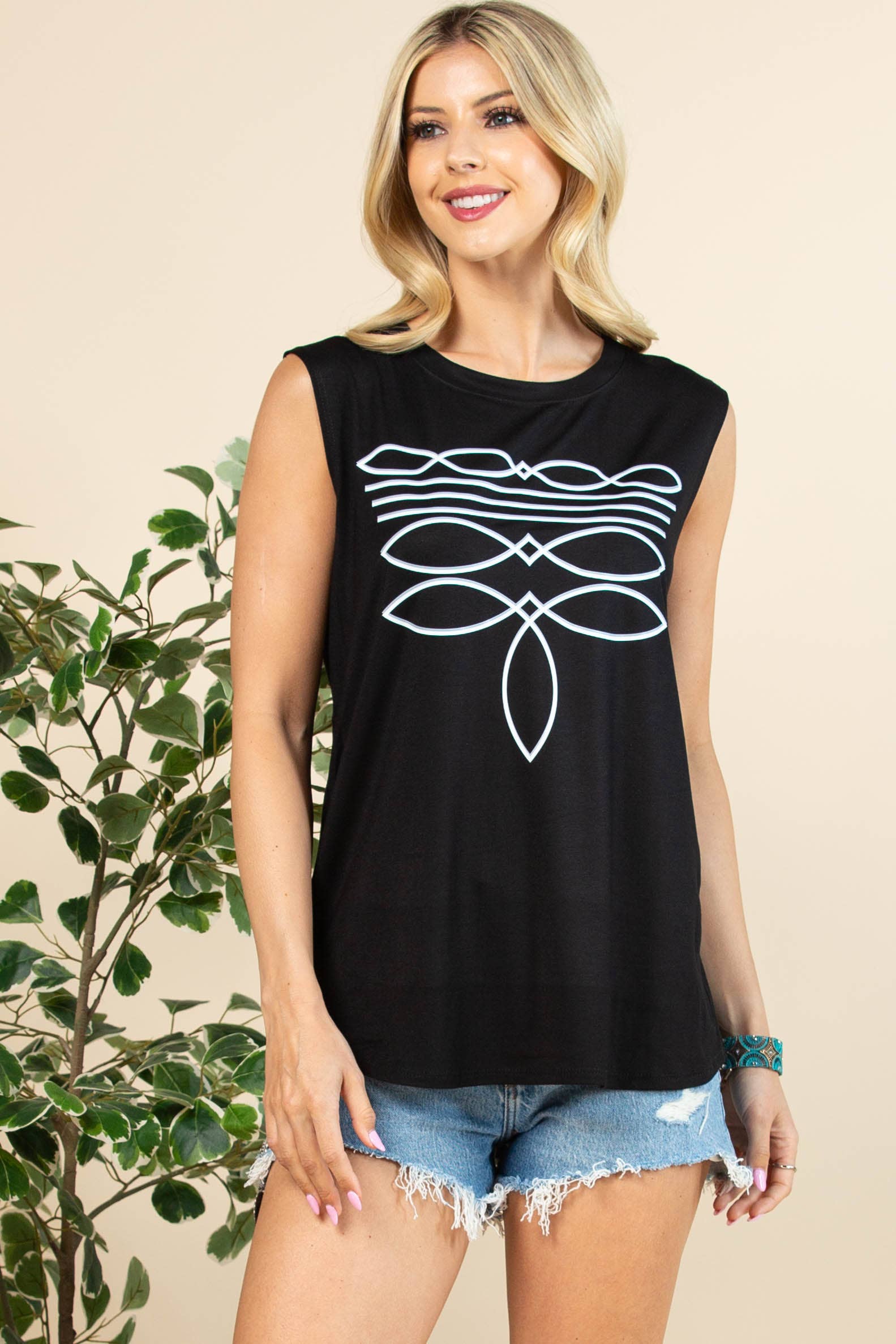 Schwarz/Weiss AV079-THELMA VINYL-TOP MIT STIEFELSTICH UND GRAFIK für den Großhandel auf Faire10