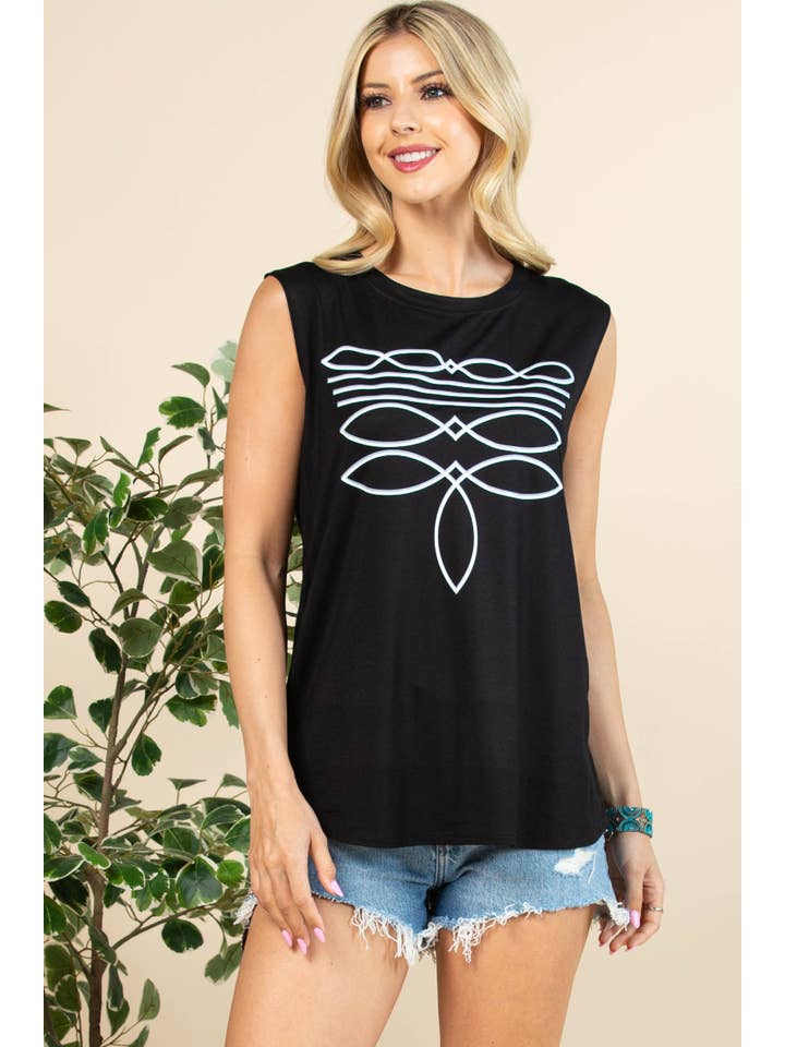 Schwarz/Weiss AV079-THELMA VINYL-TOP MIT STIEFELSTICH UND GRAFIK für den Großhandel auf Faire10