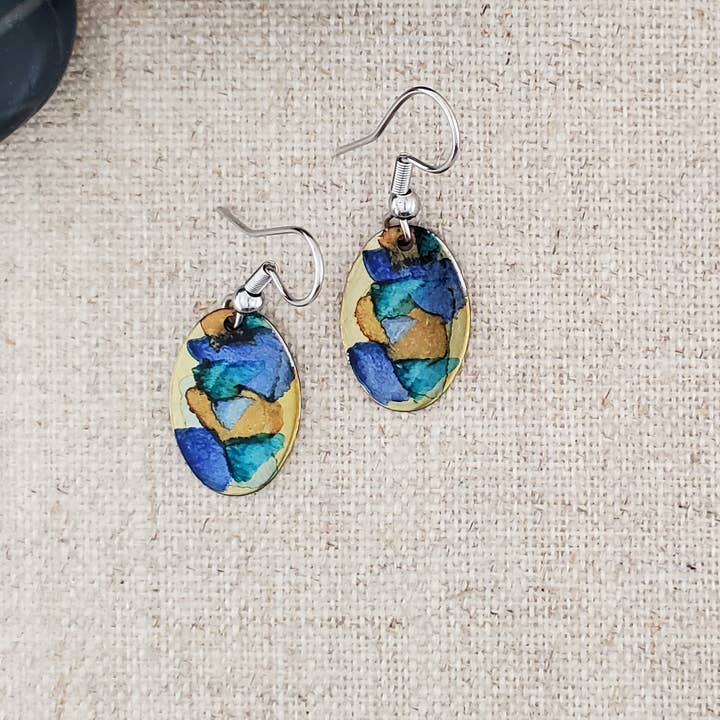 Covaly Artisan Jewelry - Wholesale Dangle Earrings - Alcohol Ink Stainless Steel Small Oval Earrings1