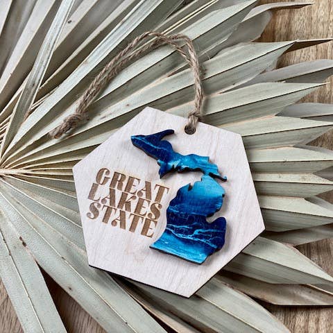 Feather and Birch - Wholesale Ornament - Great Lakes State Michigan Blue Waves Hexagon Wood Ornament