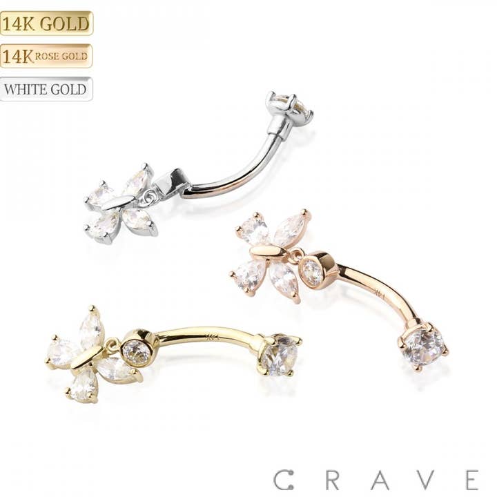 14 KARAT GOLD PRONG SET BUTTERFLY DANGLE NAVEL RING for wholesale by CRAVE