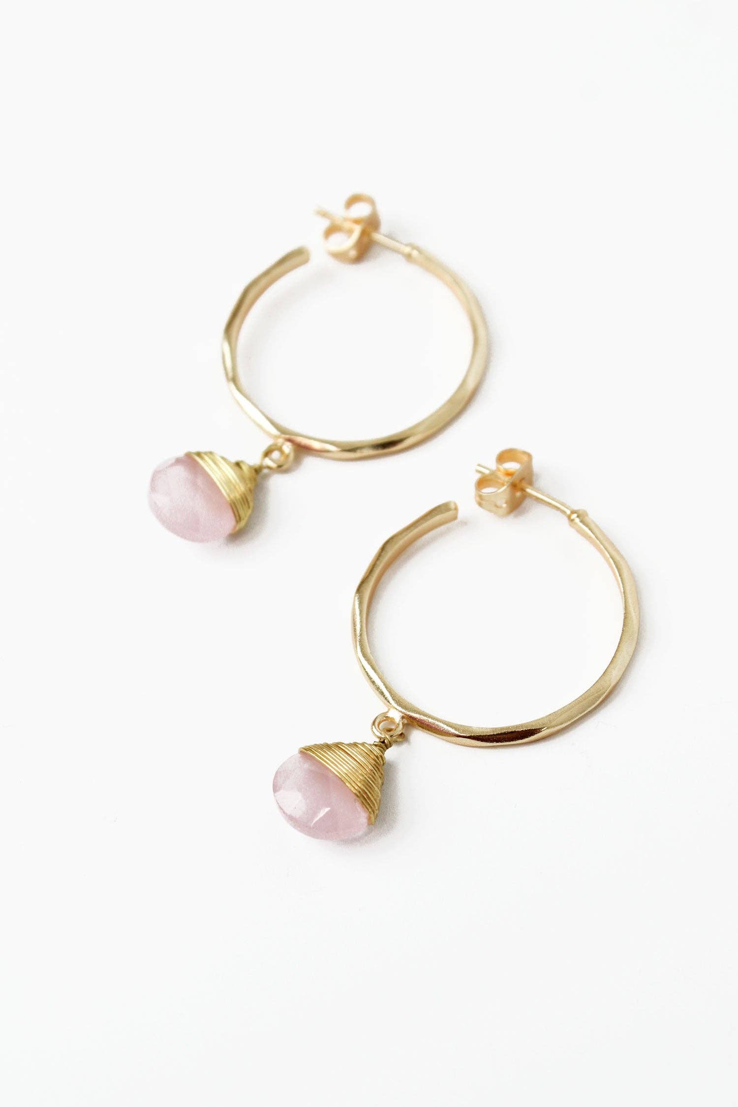 My Doris - Wholesale Hoop Earrings - GOLD ROSE QUARTZ HAMMERED HOOPS0