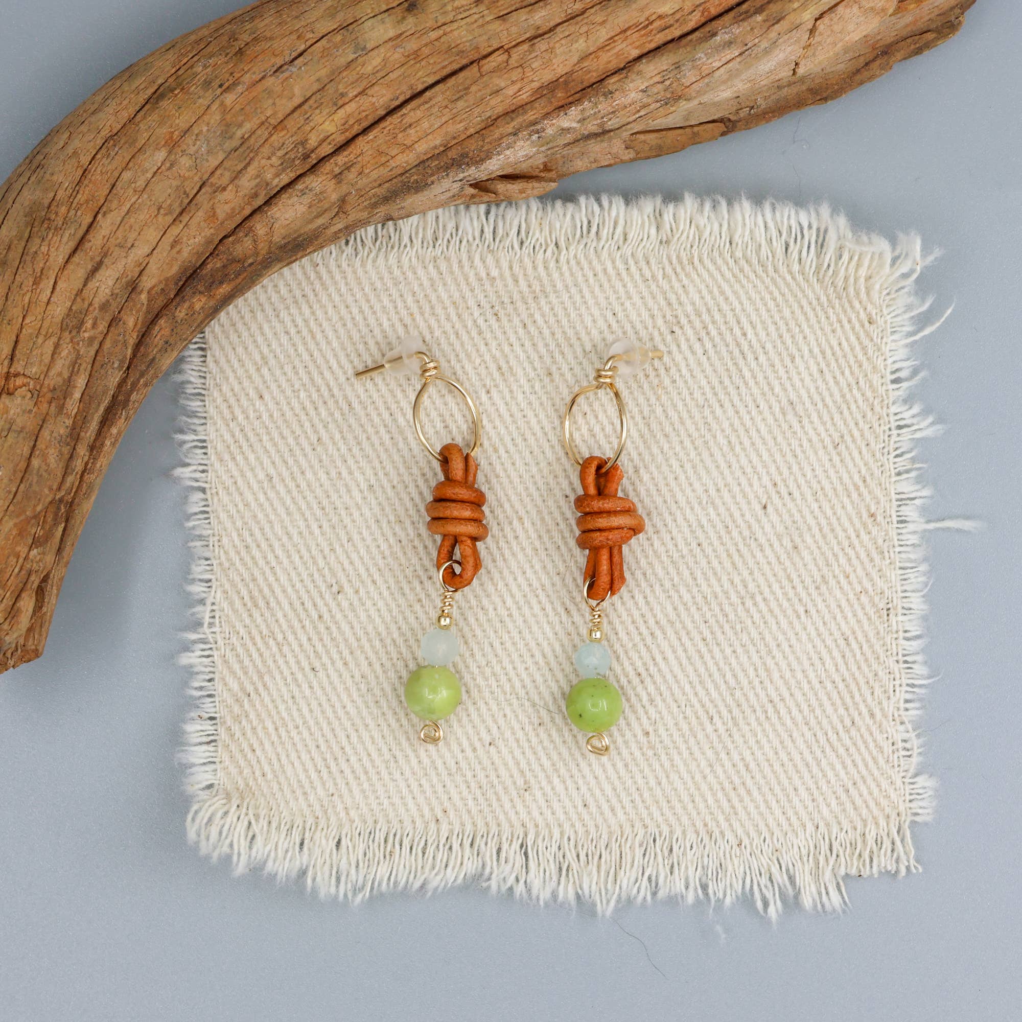 The Stitch Alliance - Wholesale Dangle Earrings - Peridot & Aquamarine Bead Earrings / 14k Gold Fill / Leather2