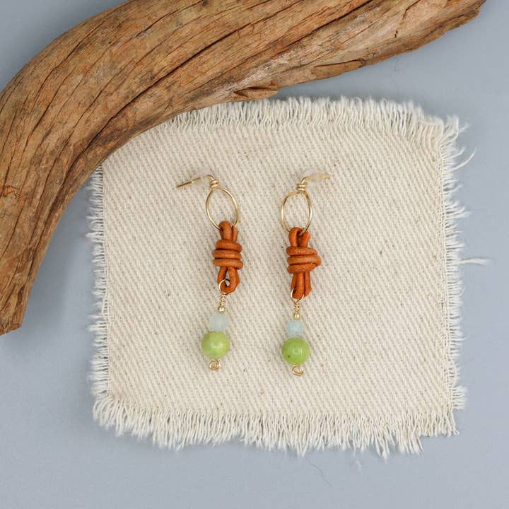 The Stitch Alliance - Wholesale Dangle Earrings - Peridot & Aquamarine Bead Earrings / 14k Gold Fill / Leather2