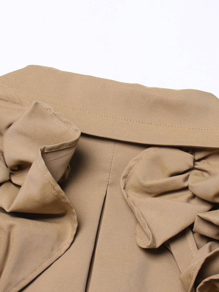 Khaki CT020 Women's Shoulder Ruffle Commuter Knee Length Coat for wholesale on Faire16