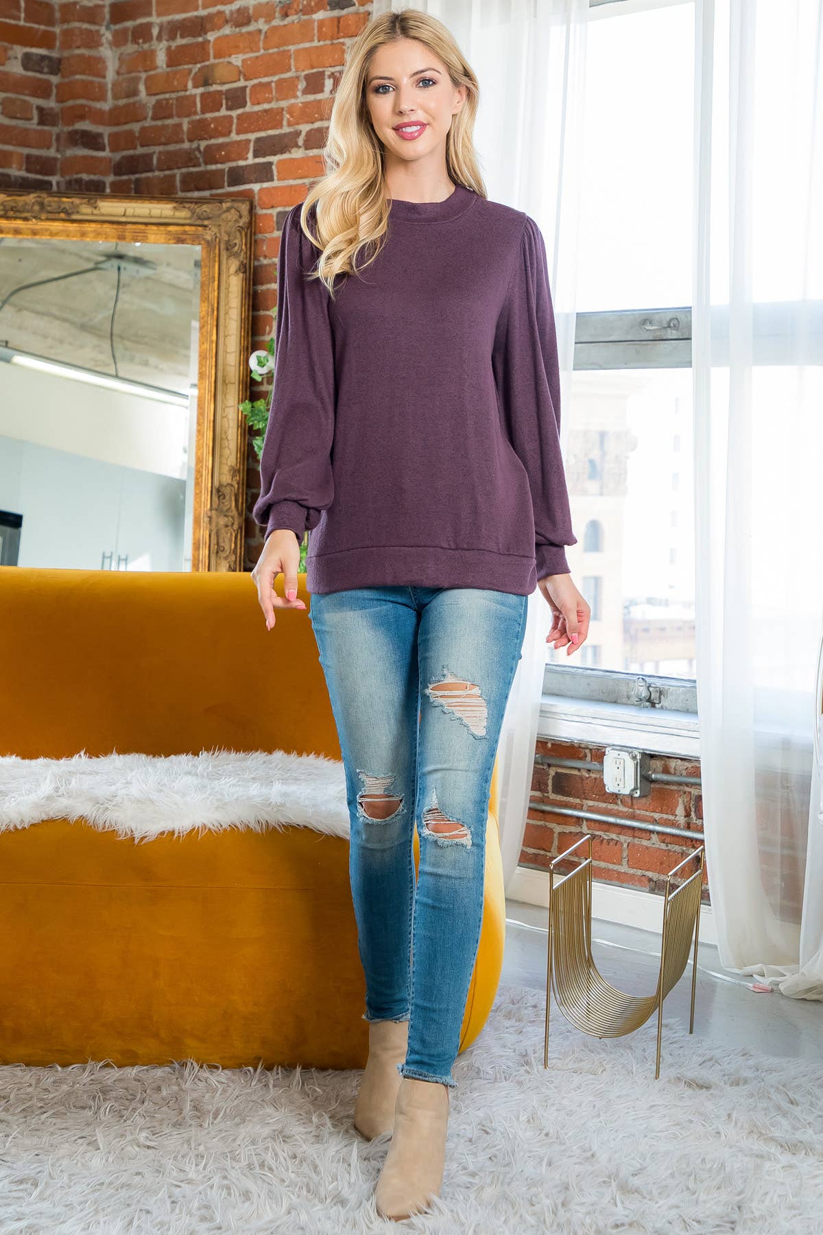 You & Me - Vente Haut en maille – femme - VENTE ! ! ! PPT21143 - HAUT À MANCHES BOUFFANTES À COL ROND - ANTHRACITE18