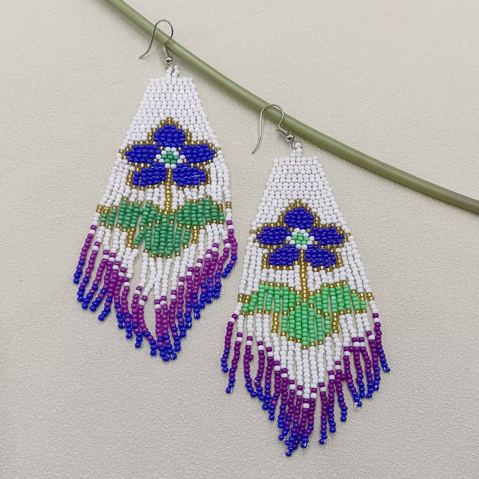 Mio Queena - Wholesale Tassel Earrings - Flower Pattern Seed Beads Fringe Earrings - SB1