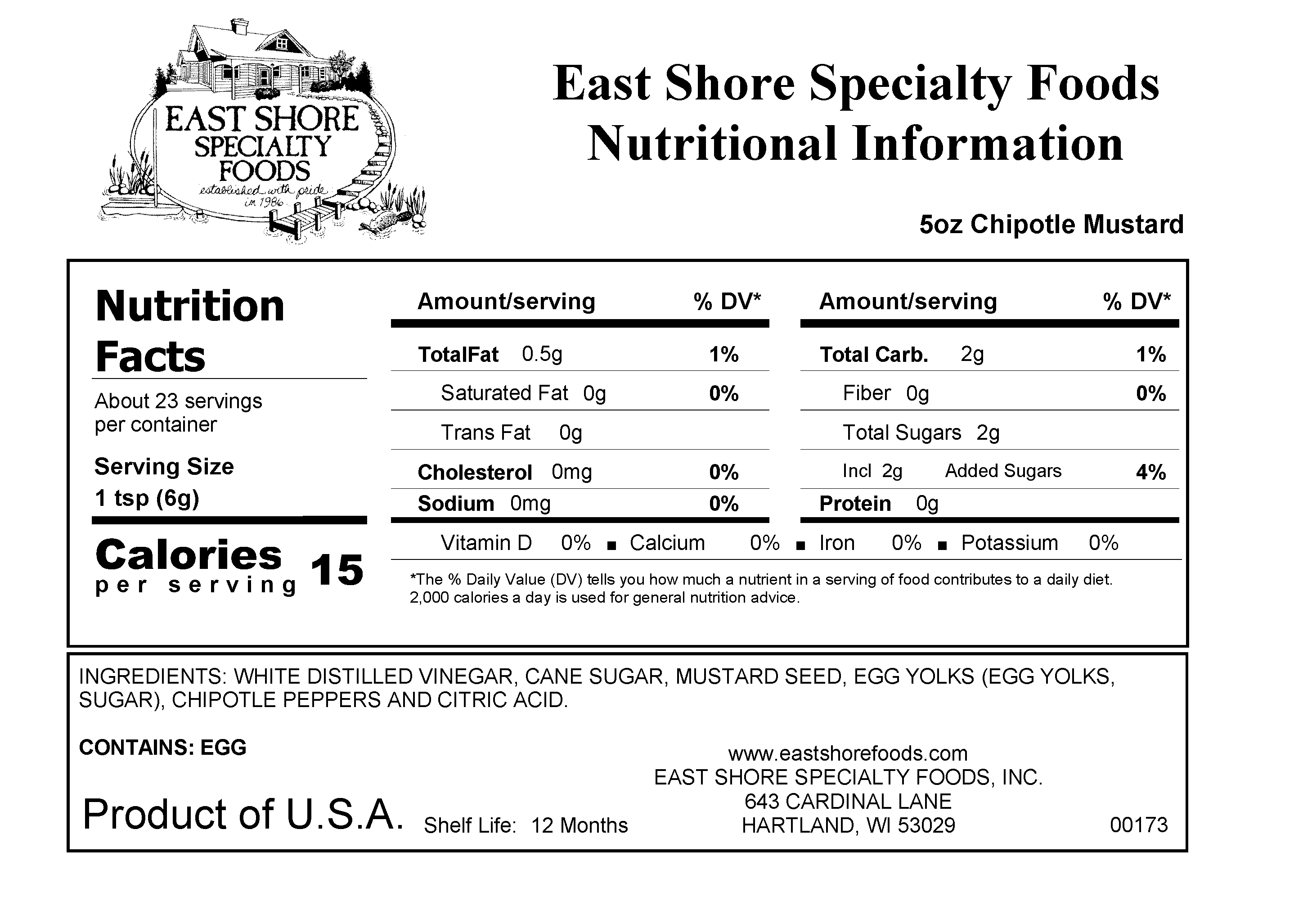 East Shore Specialty Foods, Inc. - Vente Moutarde - Moutarde East Shore - Moutarde chipotle - 5 oz1