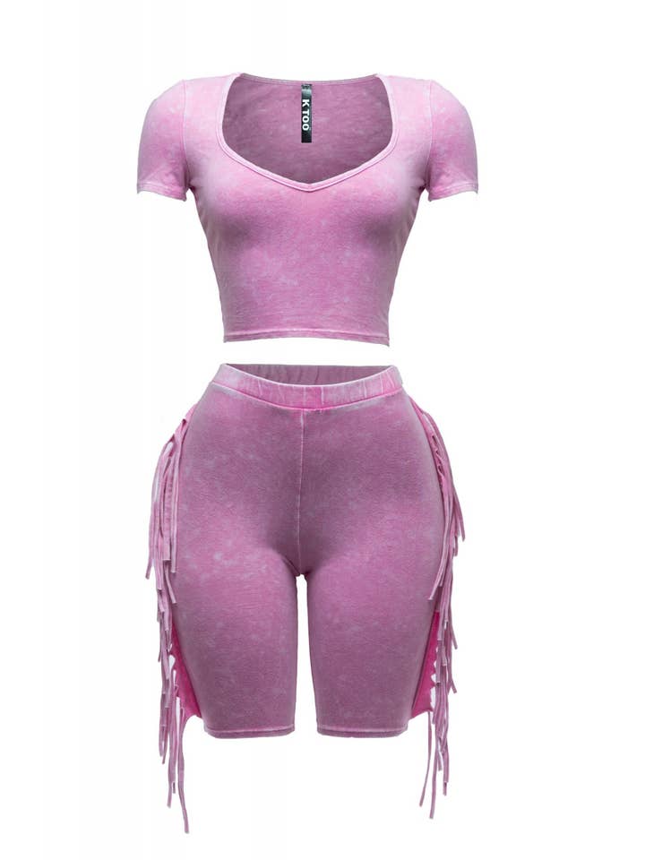 Boswell - Wholesale Top & Short Set (NOT Loungewear) - Women's - MINERAL WASH FRINGE DETAIL BIKER SET2