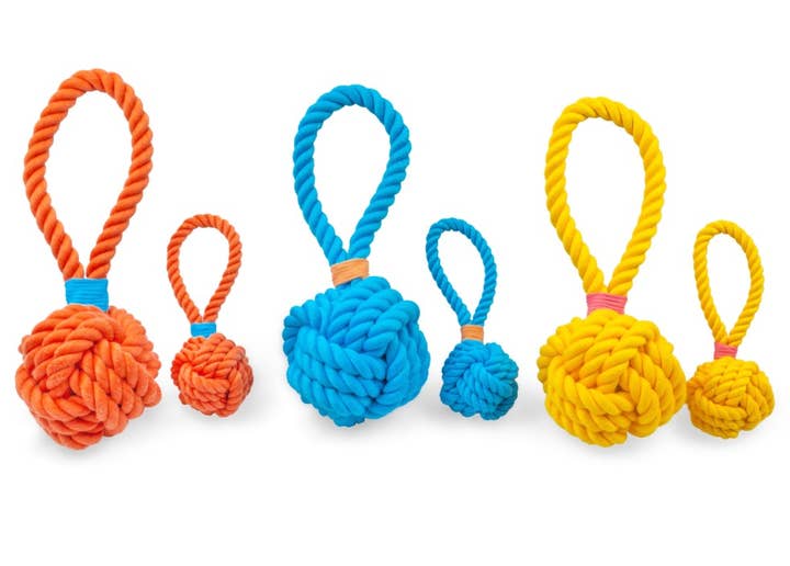 Pet Palette Distribution - Wholesale Pet Rope Toy - Dog - ThoozyPet Ball Tug Rope Dog Toy with Handle Yellow 3"2