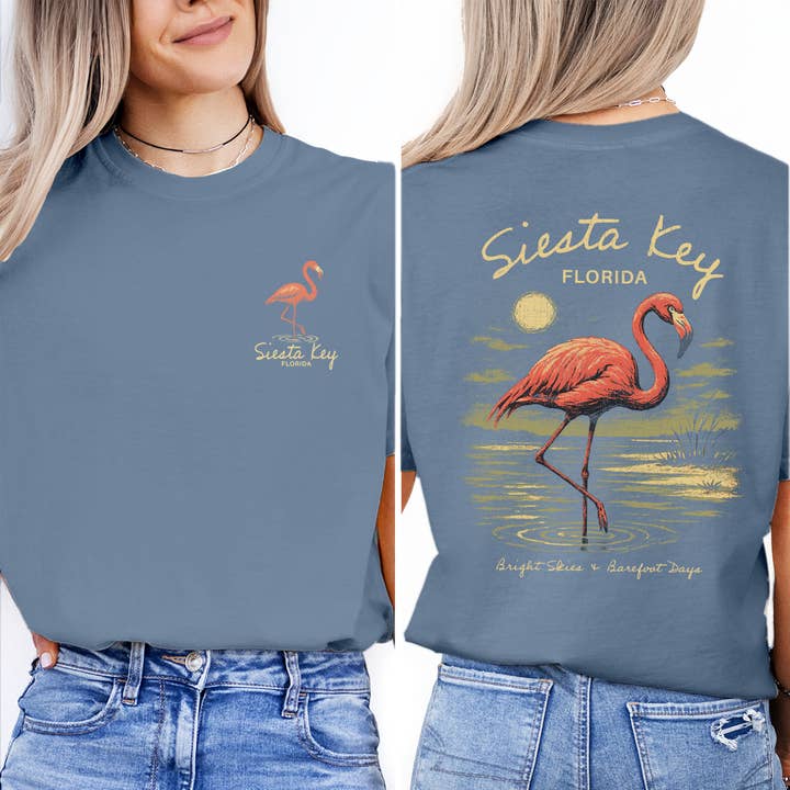 Textile Graphix - Wholesale Screen Printed T-Shirt - Women's - Siesta Key Florida T-Shirt | Flamingo Beach Souvenir Tee | Coastal Vacation Shirt | Vintage Tropical Travel Gift