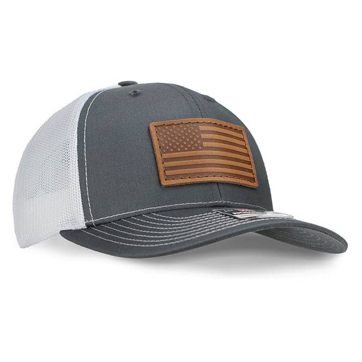 Oowee Products - Wholesale Trucker Hat - Unisex - American Flag Leather Patch Hat - Richarson 112 Trucker 1