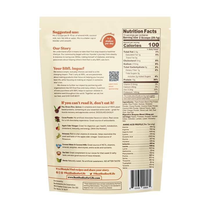 BestBodiesforLife Corp. – wholesale Protein-/superfoodpulver – 100% växtbaserad kakao grädde Shake
