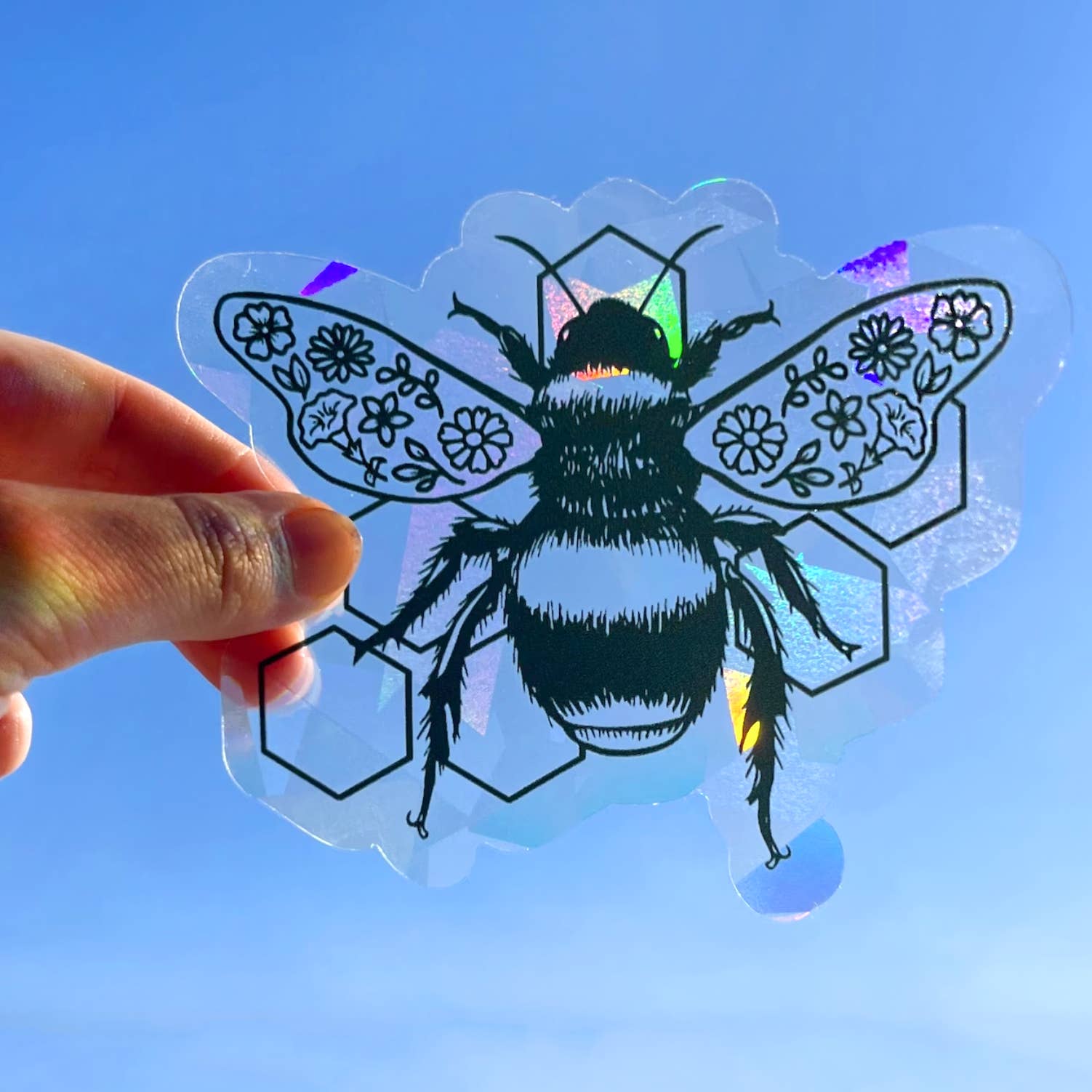 Art by Sharell - Wholesale Suncatcher - Floral Bee Suncatcher Sticker, Insect Rainbow Window Decal
