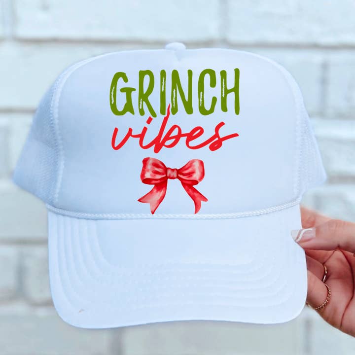 Grinch Vibes Coquette Bow Trucker Hat Christmas for wholesale by Gia Gifts Boutique