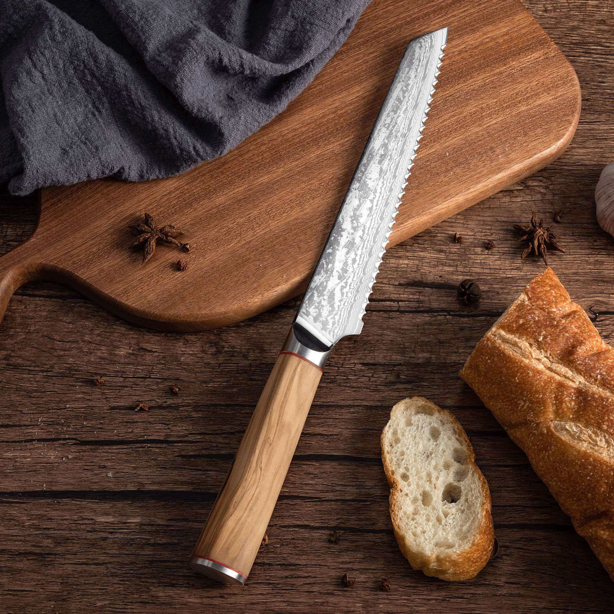 Ginza Steel - Vente Couteau de cuisine/multi-usage - MIA Z | COUTEAU À PAIN 8" Acier Damas AUS10 67 Couches / Manche en Bois d'Olivier5