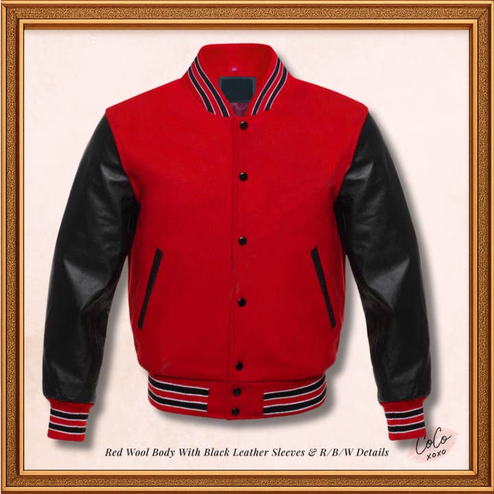Casaco Varsity de Lã Vermelha Baseball Bomber com Mangas de Pele Preta Genuína por atacado de OH Wears