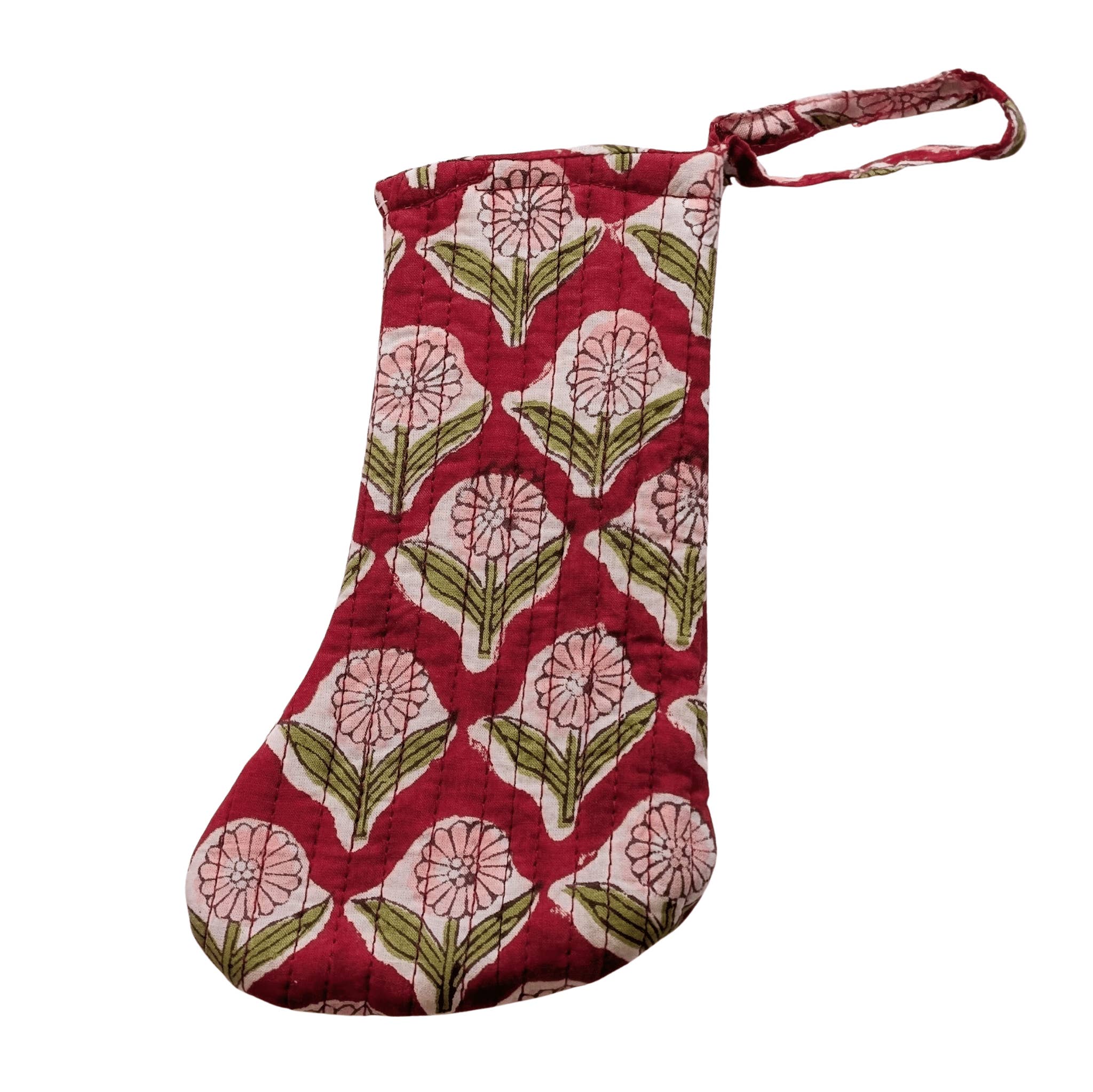 Twinflower – wholesale Holiday Stocking – Mini Christmas Stocking Block Print Floral Red