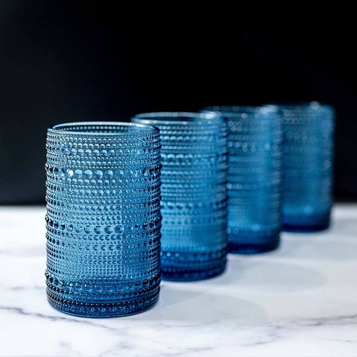 Greenline Goods - Wholesale Drinking Glass/Cup - Hobnail Drinking Glasses - Blue 13 oz ( Set of 4 )