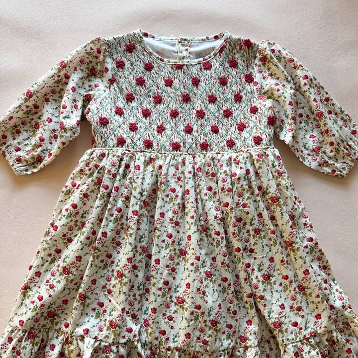 3/4 Sleeve Dress - Hand-smocked Tiny Red Floral for wholesale by Little Grey