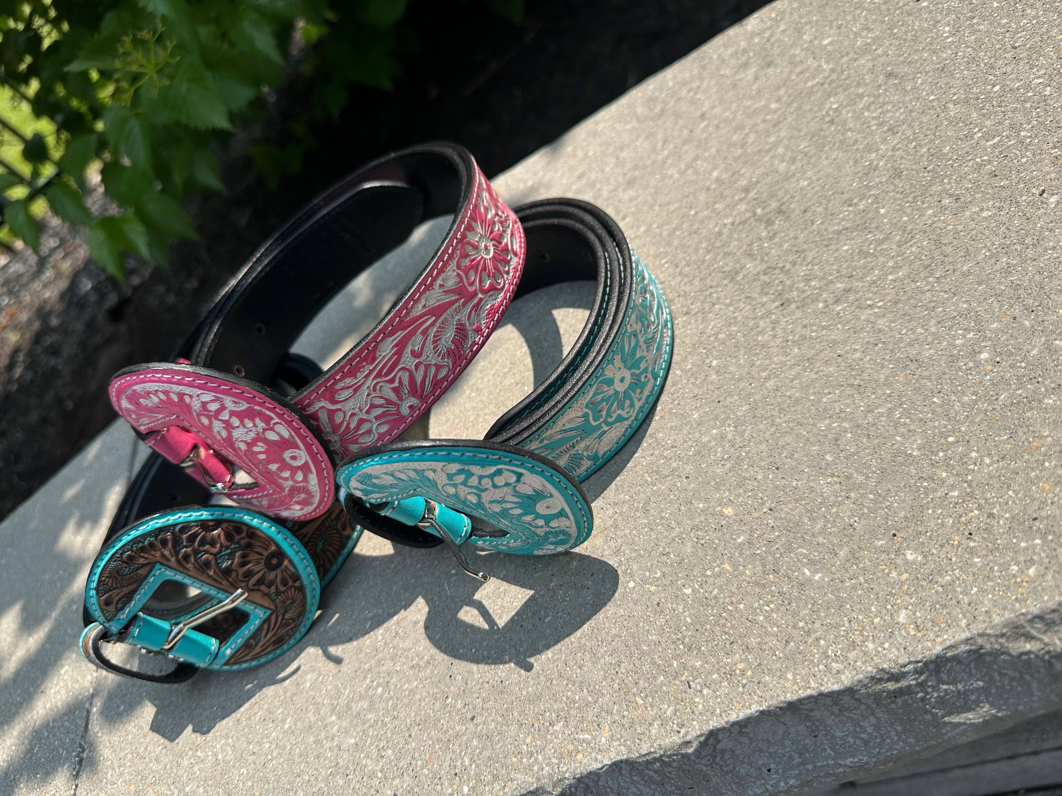 BDN Boutique - Wholesale Belt - Women's - Hand Tooled Genuine Leather Wide Rounded Buckles Belt *3colors3