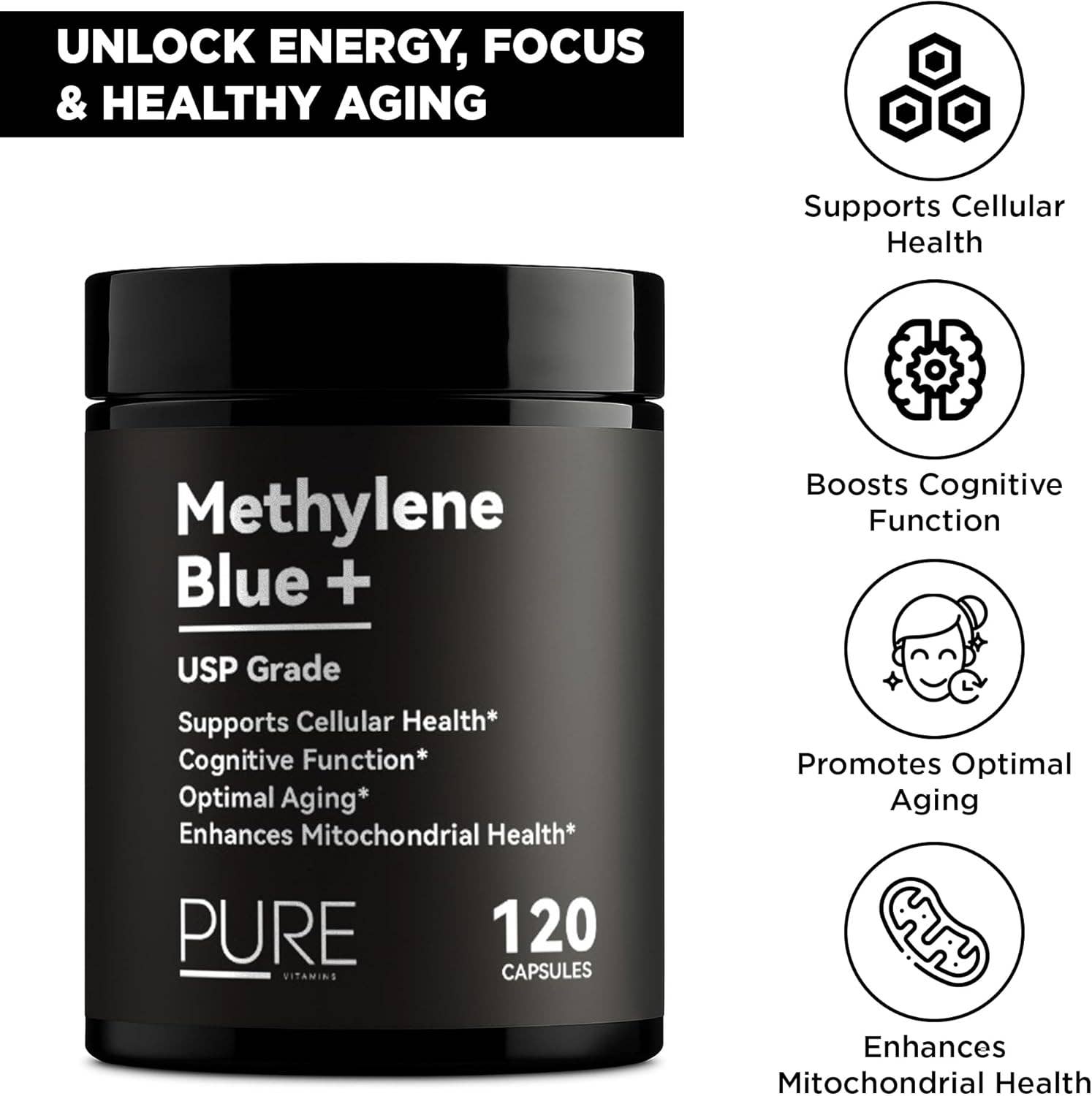 pure Vitamins - Wholesale Oral Supplement/Vitamin - Pure Vitamins Methylene Blue Plus – 12mg - 120 Capsules5