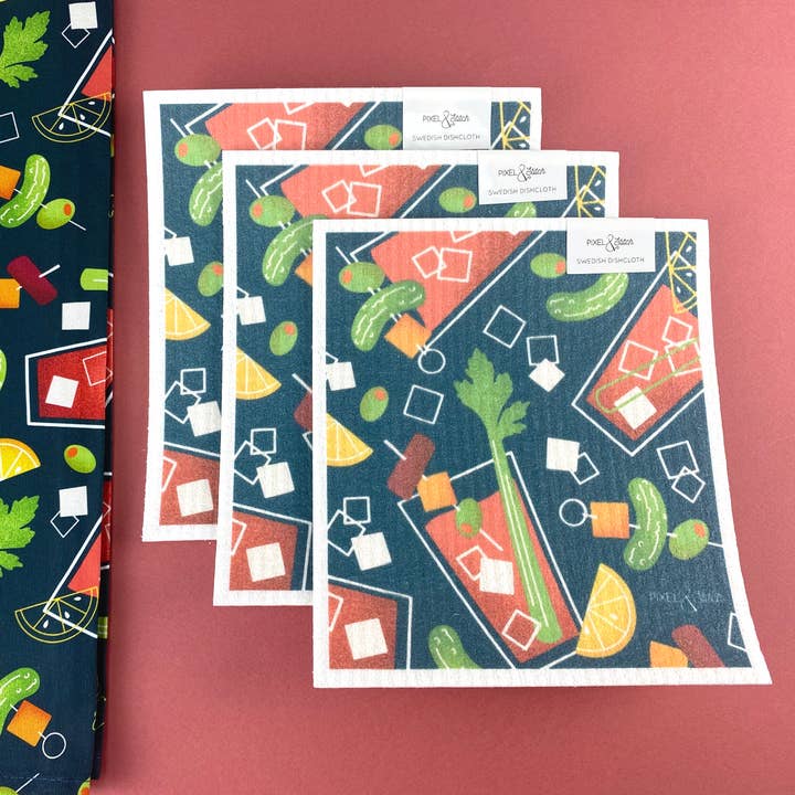 Bloody Mary Cocktail Swedish Dishcloth for wholesale by Midwestmod | Pixel + Stitch