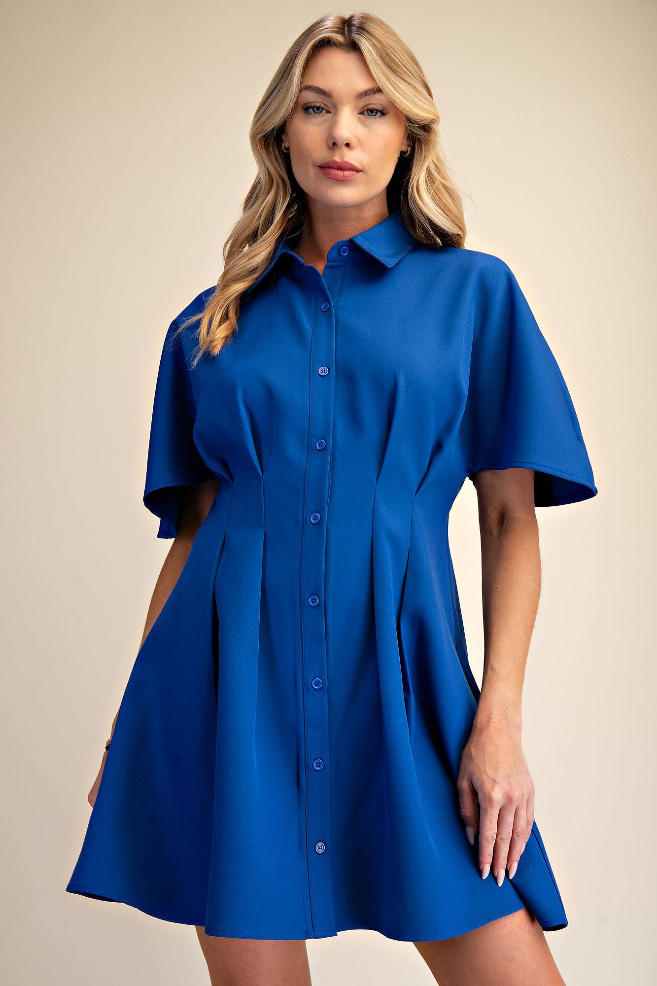 Glam - Wholesale Dress - Women's - Short-Sleeve Pleated Shirt Mini Dress1