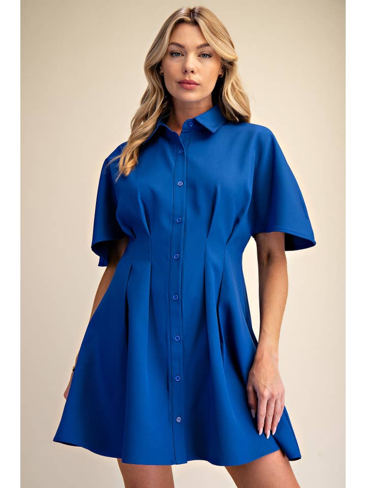 Glam - Wholesale Dress - Women's - Short-Sleeve Pleated Shirt Mini Dress1