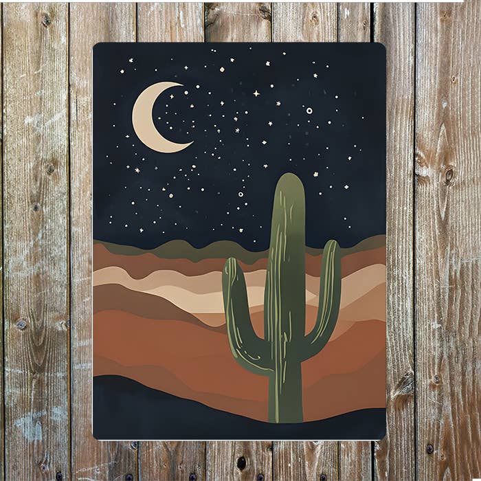 Placa de metal del oeste con luna de noche desértica, cactus y vaquero para venta al por mayor de The British Metal Signs Company